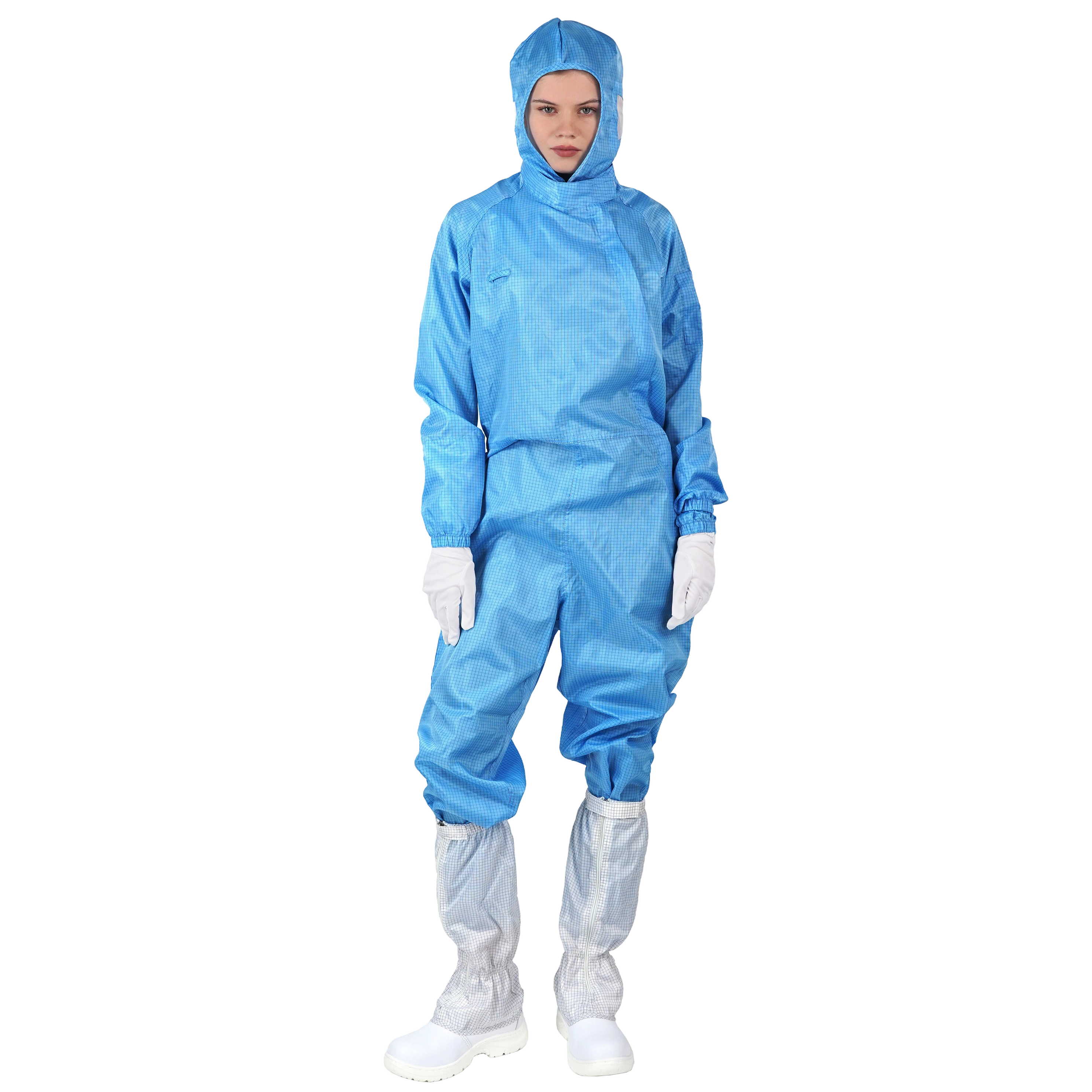 サイドファスナー付きESD帯電防止フード付きつなぎ服（クリーンルーム用）