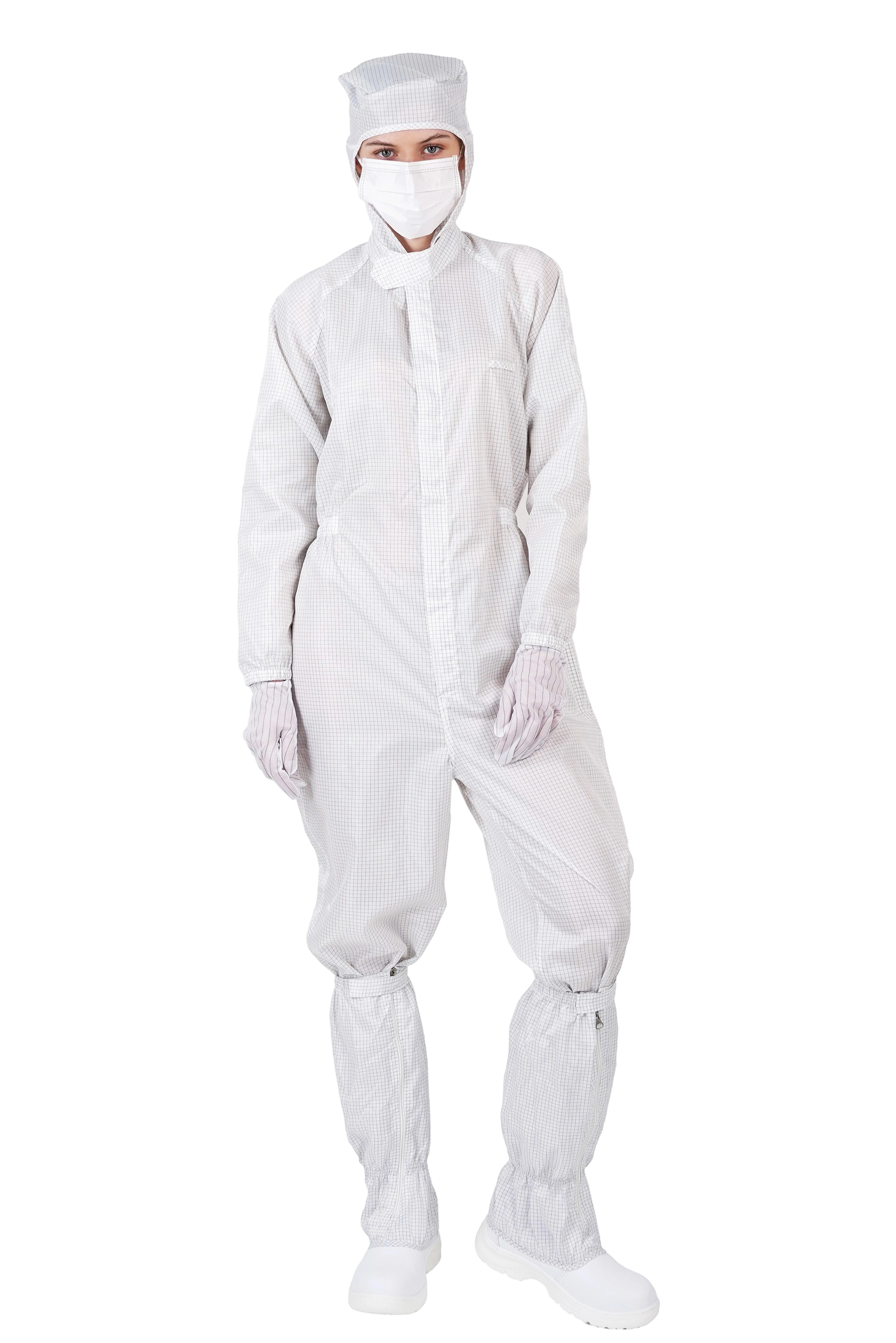 前ファスナー付きESD帯電防止フード付きつなぎ服（クリーンルーム用）