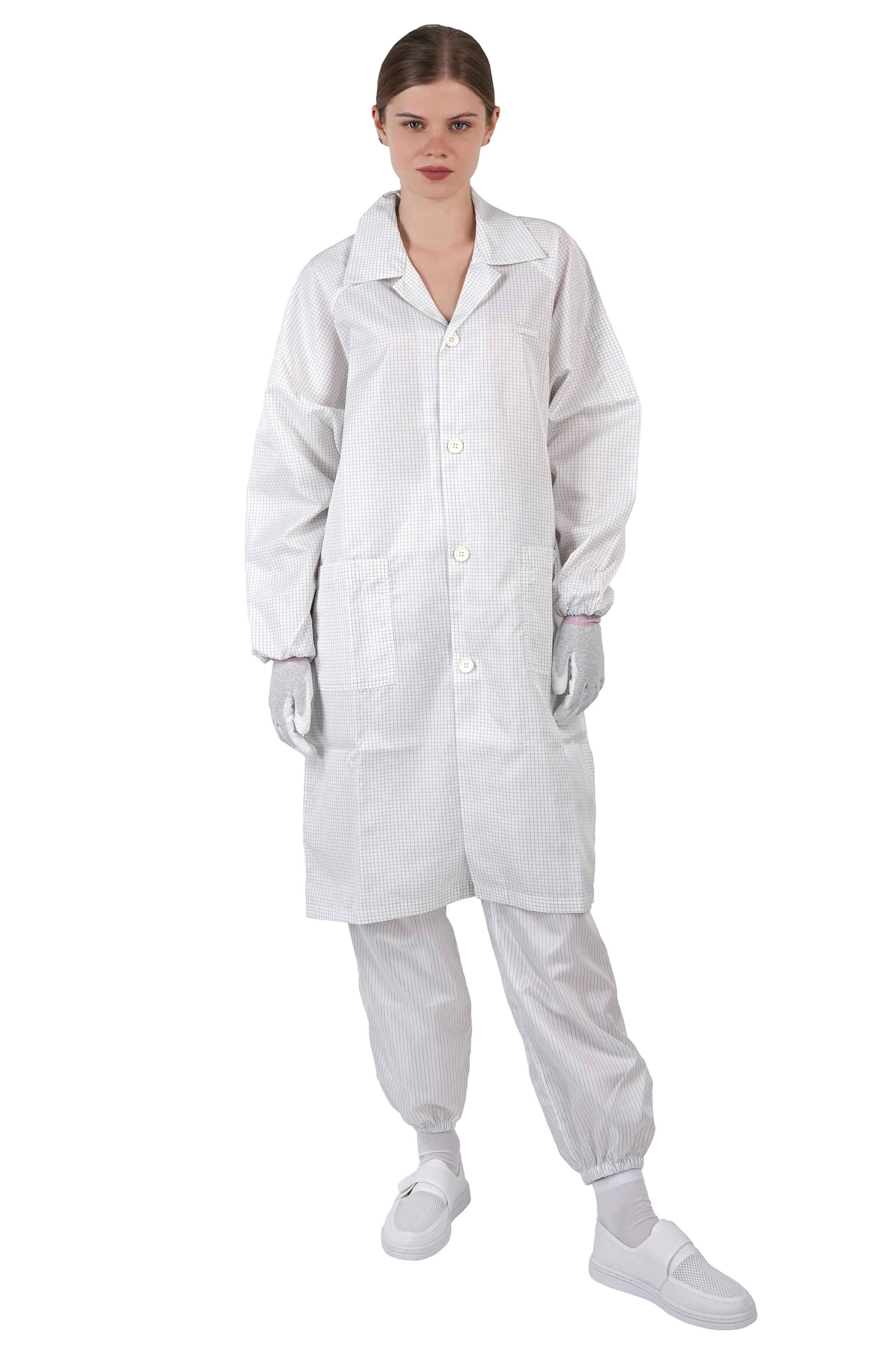 ESD対応スーツカラータイプ ロングコート仕様のクリーンルーム用ラボウェア