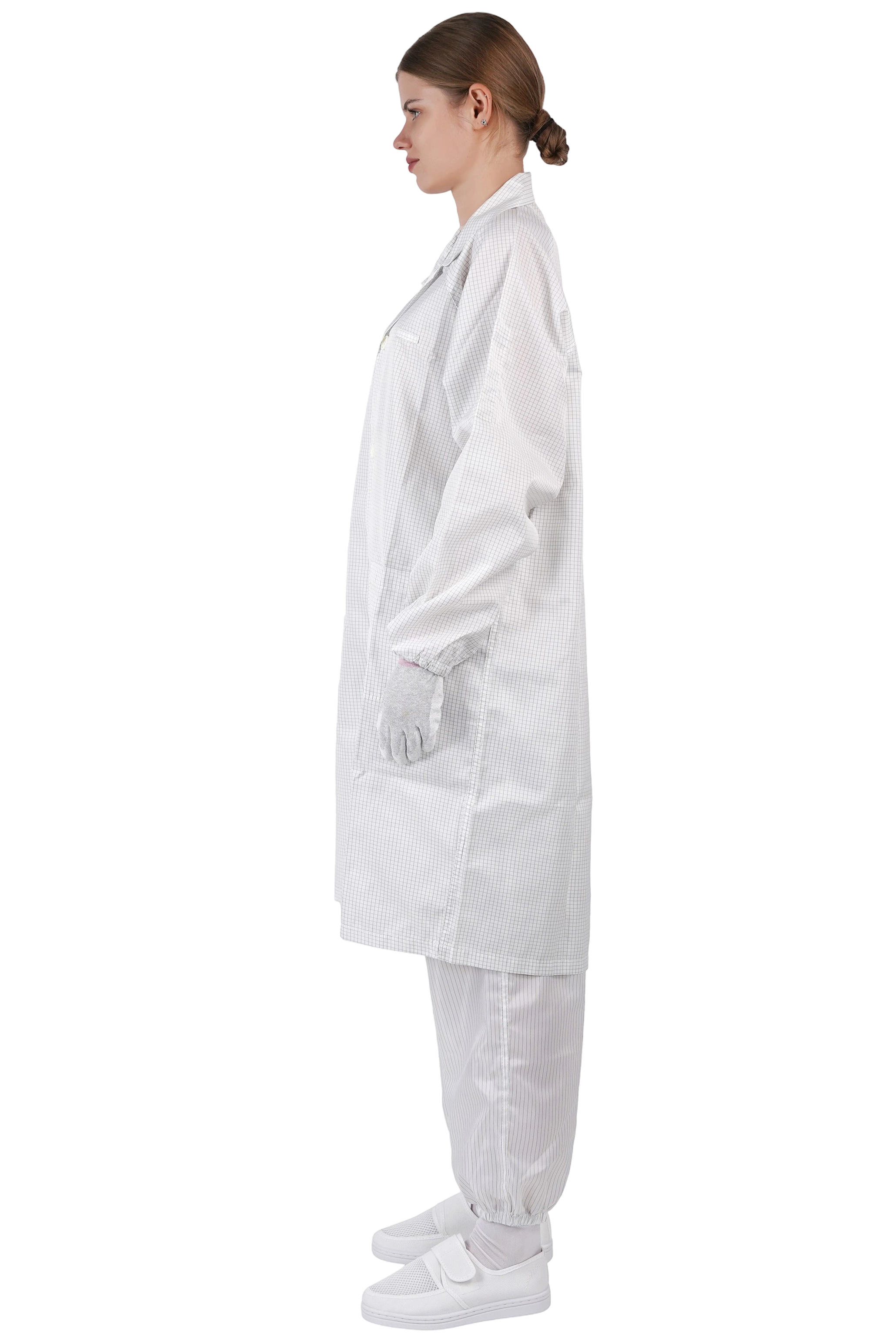 ESD対応スーツカラータイプ ロングコート仕様のクリーンルーム用ラボウェア