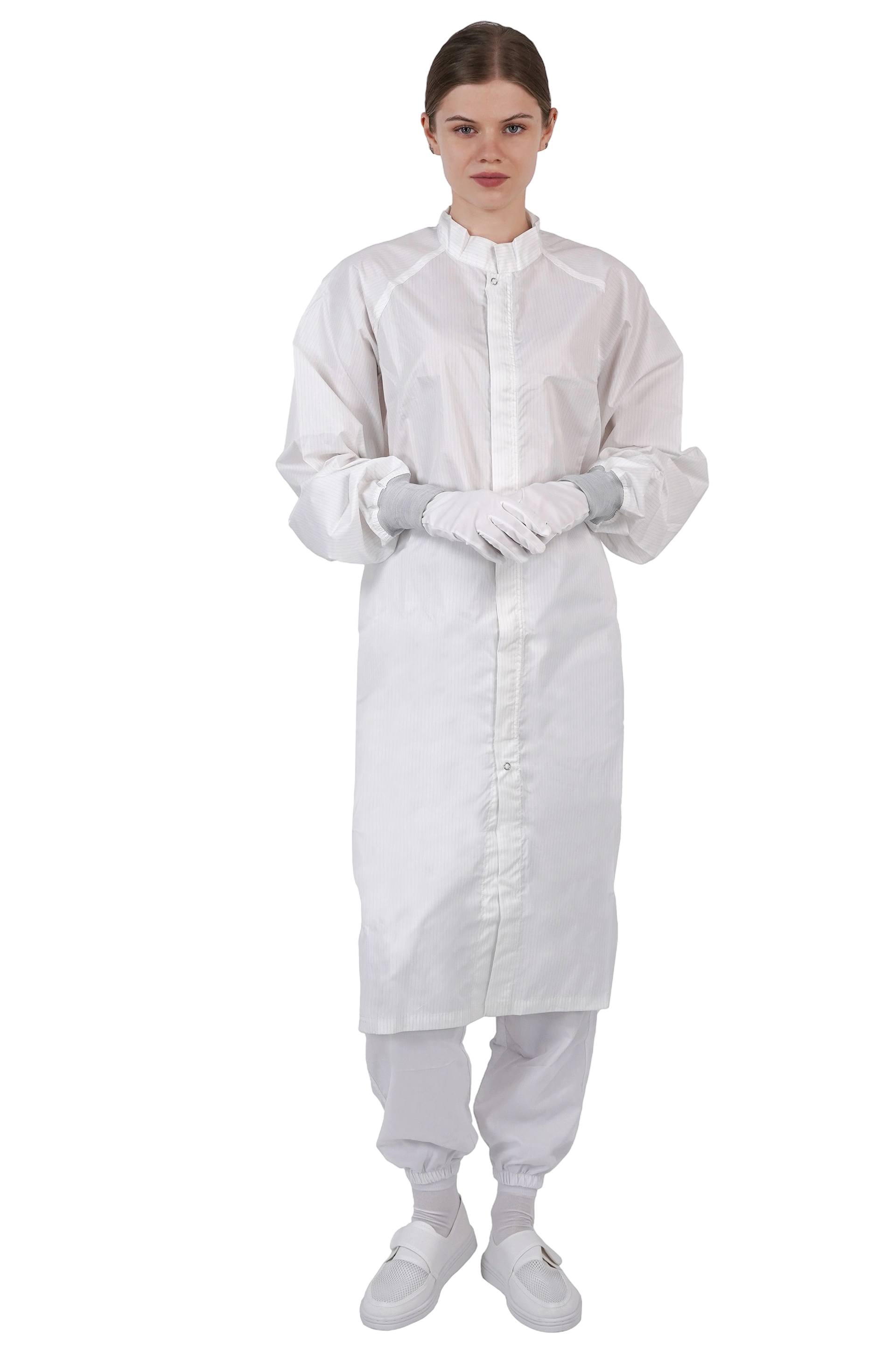 ESD対応の立ち襟ロングコート（膝下丈） クリーンルーム用ワークウェア