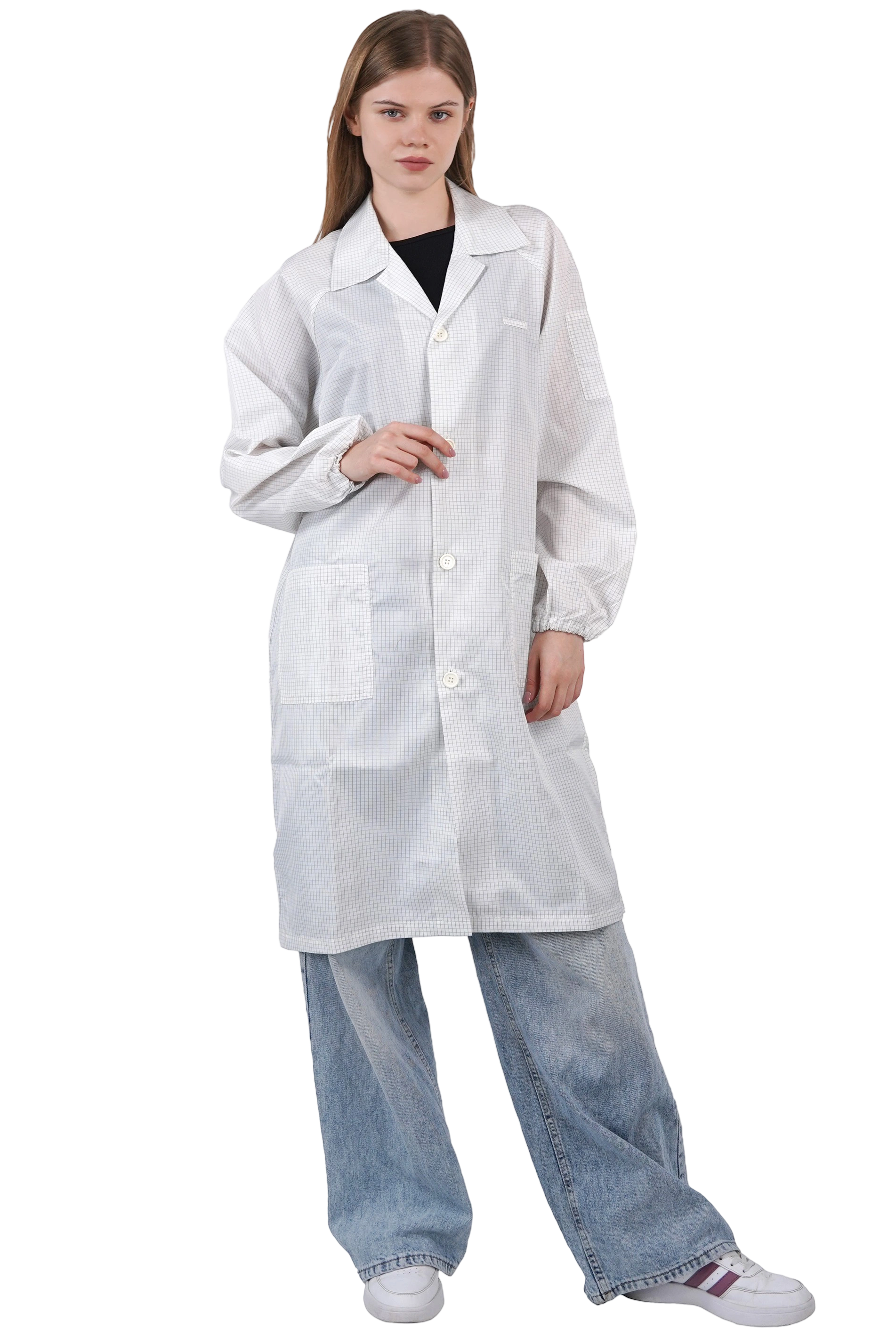 ESD対応スーツカラータイプ ロングコート仕様のクリーンルーム用ラボウェア