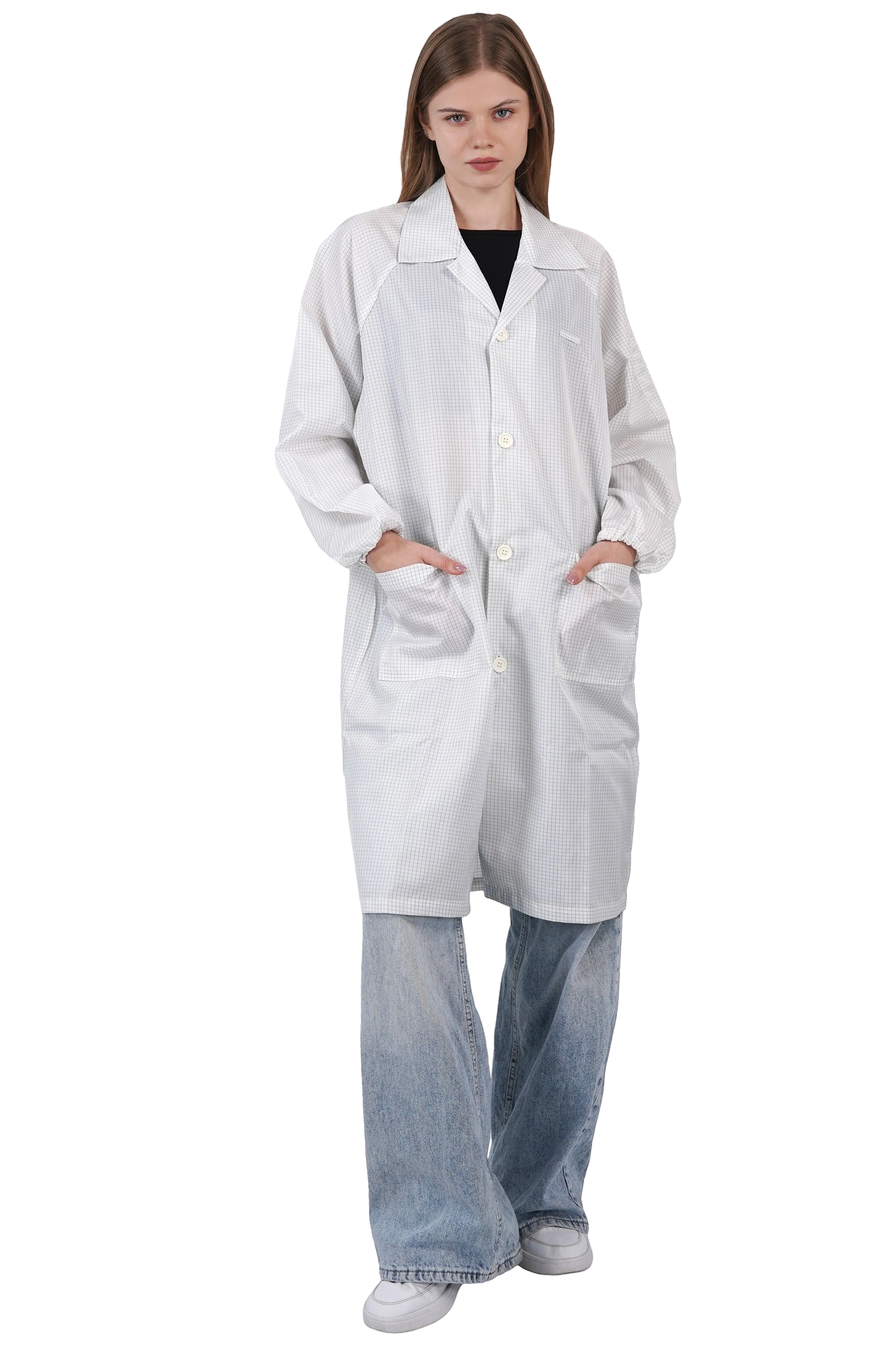 ESD対応スーツカラータイプ ロングコート仕様のクリーンルーム用ラボウェア