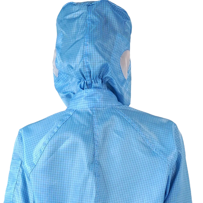 前ファスナー付きESD帯電防止クリーンルームつなぎ服（フード付き）