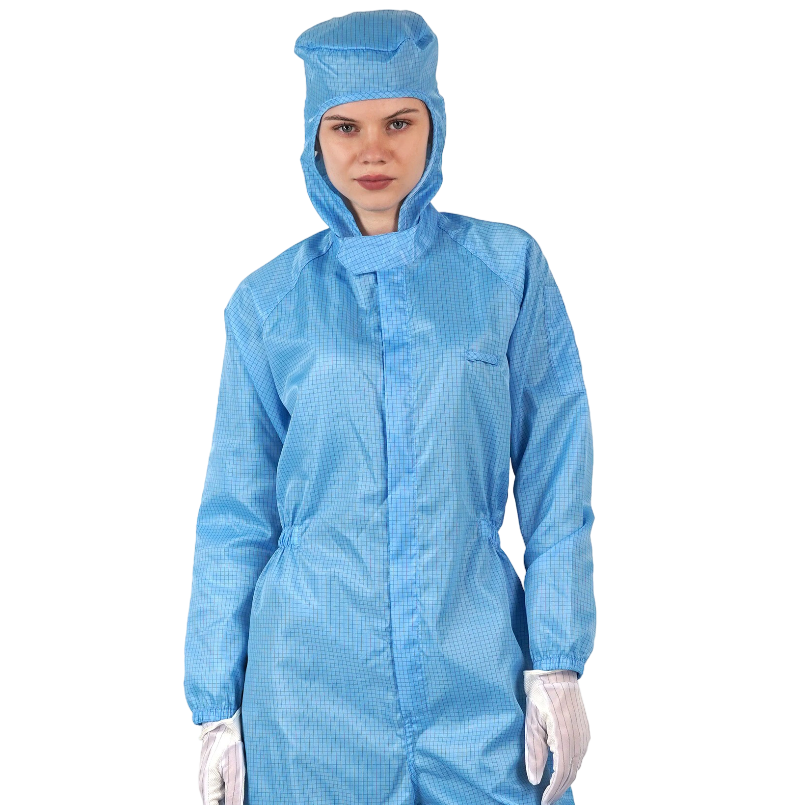 前ファスナー付きESD帯電防止クリーンルームつなぎ服（フード付き）