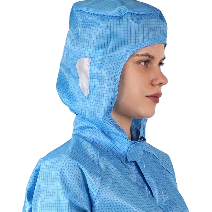 前ファスナー付きESD帯電防止クリーンルームつなぎ服（フード付き）